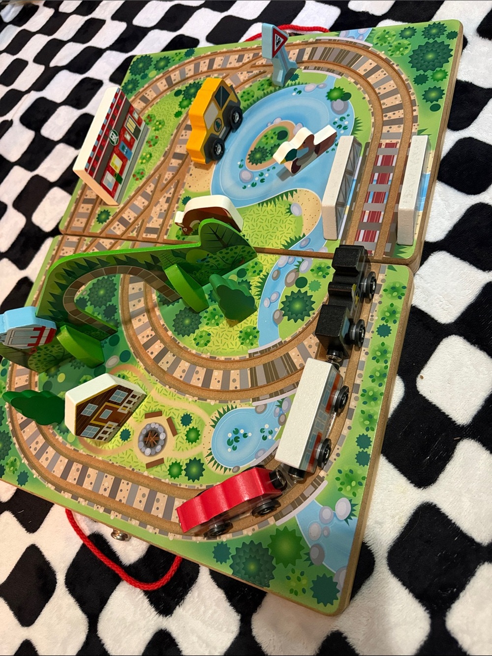 Melissa & Doug Colorful Wooden Train Set with Green Landscape and Red Car